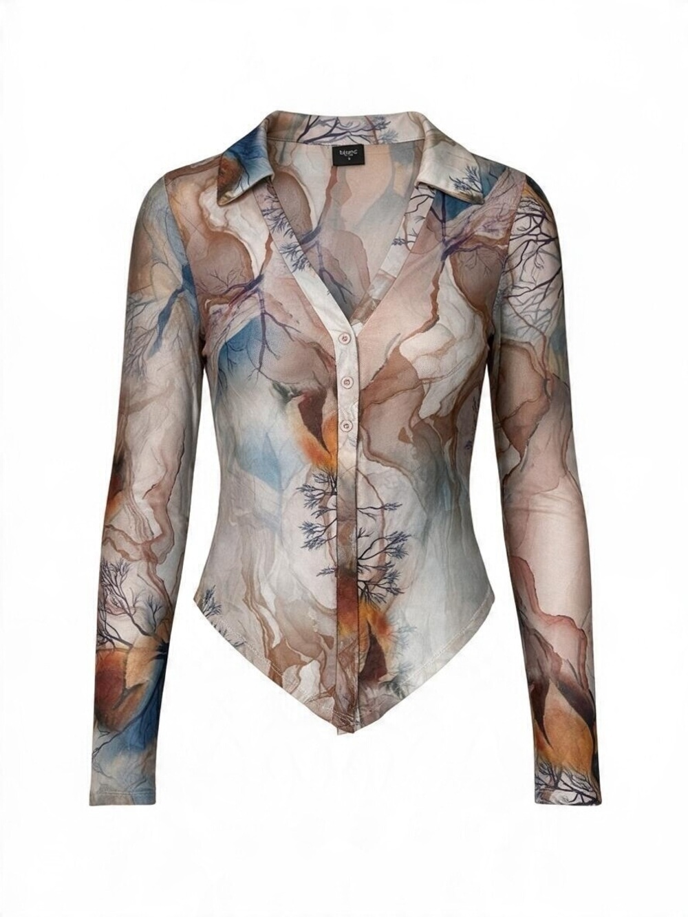 BLANC CLOTHING SHEER WATERCOLOR MESH BUTTON-UP